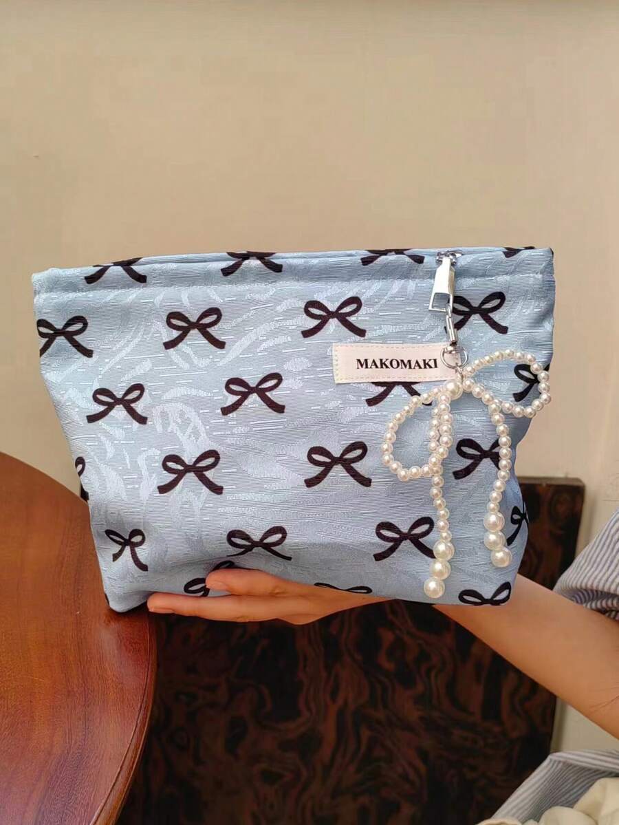 1pc Blue Bow Makeup Bag, Foldable Large Capacity Cosmetic Storage Bag With Smooth Zipper, Portable Personalized Toiletry Bag, Cool Aesthetic Design Storage Bag, Perfect For Autumn/Winter Style, Gift For Girlfriend, Bride, Bridesmaid