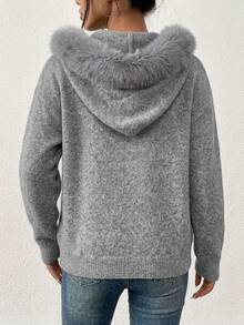Plus Size Women's Fuzzy Collar Button-Up Knit Cardigan Sweater Jacket, Loose Fit Flattering Casual Everyday Versatile Top - Grey - View 3