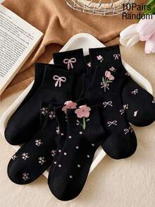 5/10 Pairs White And Pink Girls' INS Style Short Floral Bow Pattern Socks, Moisture-Wicking, Comfortable Mid-Calf Socks, Suitable For Daily Wear, Spring And Summer - Multicolor - View 8