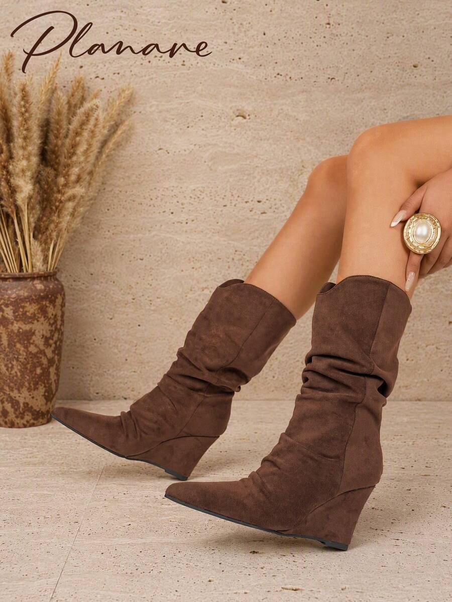 planare New Women's Fashion Minimalist Pointed Toe Loose Wedge Mid-Calf Boots, Brown And Black Faux Suede Slip-On Western Style Boots, Suitable For Autumn/Winter