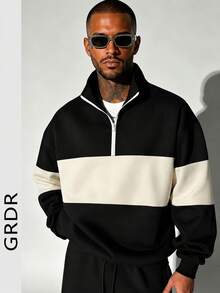 GRDR Men's Autumn/Winter Contrast Color Zip-Up Pullover Sweatshirt - Black - View 4