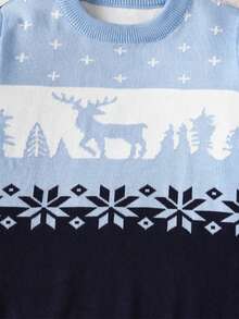 Young Boy Christmas Reindeer Color Block Pullover Sweater, Spring Autumn Winter - Blue - View 5