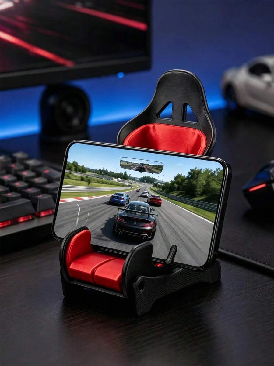 1pc Racing Seat Phone Holder, Adjustable Stable Desktop Phone Stand, Perfect For Desk, Gaming, Bedroom Decor, Ideal For Gamers And Racing Enthusiasts, Cool Creative Universal Smartphone Holder, Fun Desktop Ornament, Birthday Or Holiday Gift