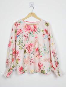 Blouse ample et élégante à col rond et manches lanternes pour femmes grandes tailles, avec imprimé floral. Convient pour la Saint-Valentin, les vacances de printemps - Nude - Voir 8