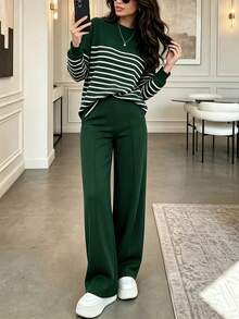 Women's Casual Sports Fashion Outfit, 2 Pieces Set With Color-Block Long Sleeve Top And Solid Color Pants, Slimming And Comfortable, Suitable For Daily, Street, Sports, Airport Wear, Spring Break - Dark Green - View 4