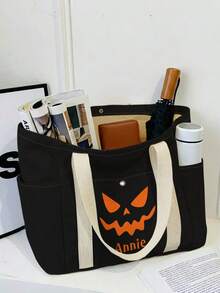 1pc Custom Text Halloween Theme Print Large Capacity Corduroy Tote Bag,Front Snap,Multi Pockets Wide Shoulder Strap,For School Travel Party Daily Gift - Black - View 11