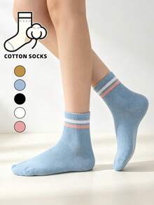 1/5 Pairs Women's Casual Boat Socks, Classic Striped Cuff Solid Color Soft Breathable Socks, Daily Campus Style Socks - Multicolor - View 2