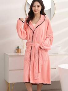 1件女款性感飾邊口袋連帽柔軟吸水長繫帶浴袍 - 西瓜粉 - 查看 7