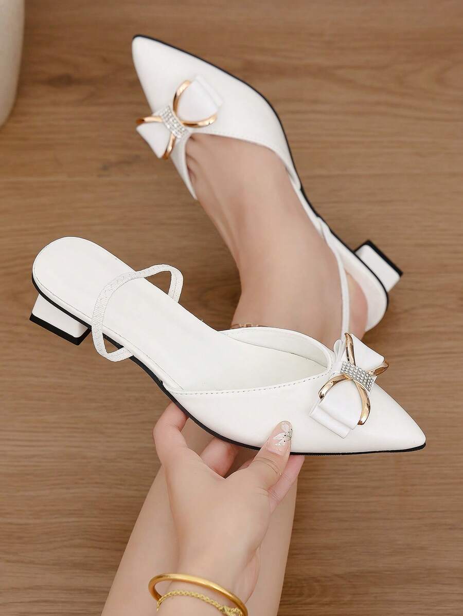 Elegant Bow Rhinestone Embellished Pointed Toe Slingback Women's Shoes, Fashion Closed Toe Low Vamp Sandals, Suitable For Daily Wear And Dating, Showcasing Soft And Graceful Elegant - White - View 1