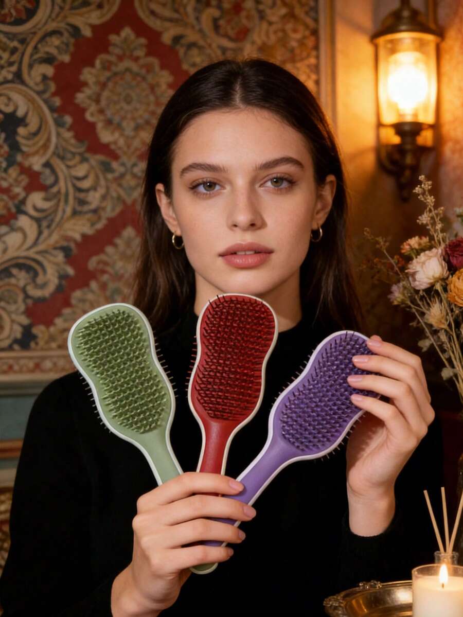 1pc Wet/Dry Dual-Use Brush With Scalp Massager And Non-Slip Handle, Gentle Hair Care Essential For Women With Curly, Straight And Fine Hair, Daily And Travel Styling Tool, Detangles And Adds Shine - Multicolor - View 1
