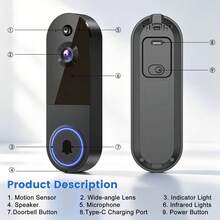 Kamera Bel Pintu Nirkabel 1080P, Bel Pintu Pintar, Penglihatan Malam, Sensor PIR, Deteksi Gerakan, Alarm Waktu Nyata, Audio Dua Arah, Pemasangan Mudah - View 9
