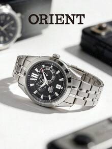 Men's ORIENT Automatic Mechanical Watch, Polished Stainless Steel Bracelet, Black Dial With Roman Numerals, Business Casual Watch For Formal Occasions - Silver - View 4