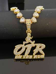 OTR Letter Full Rhinestone Pendant Necklace Heart-Shaped Diamond Chain Men's Hip-Hop Accessory ON THE RUN Street Rap Fashion - OTR Pendant Necklace - View 5