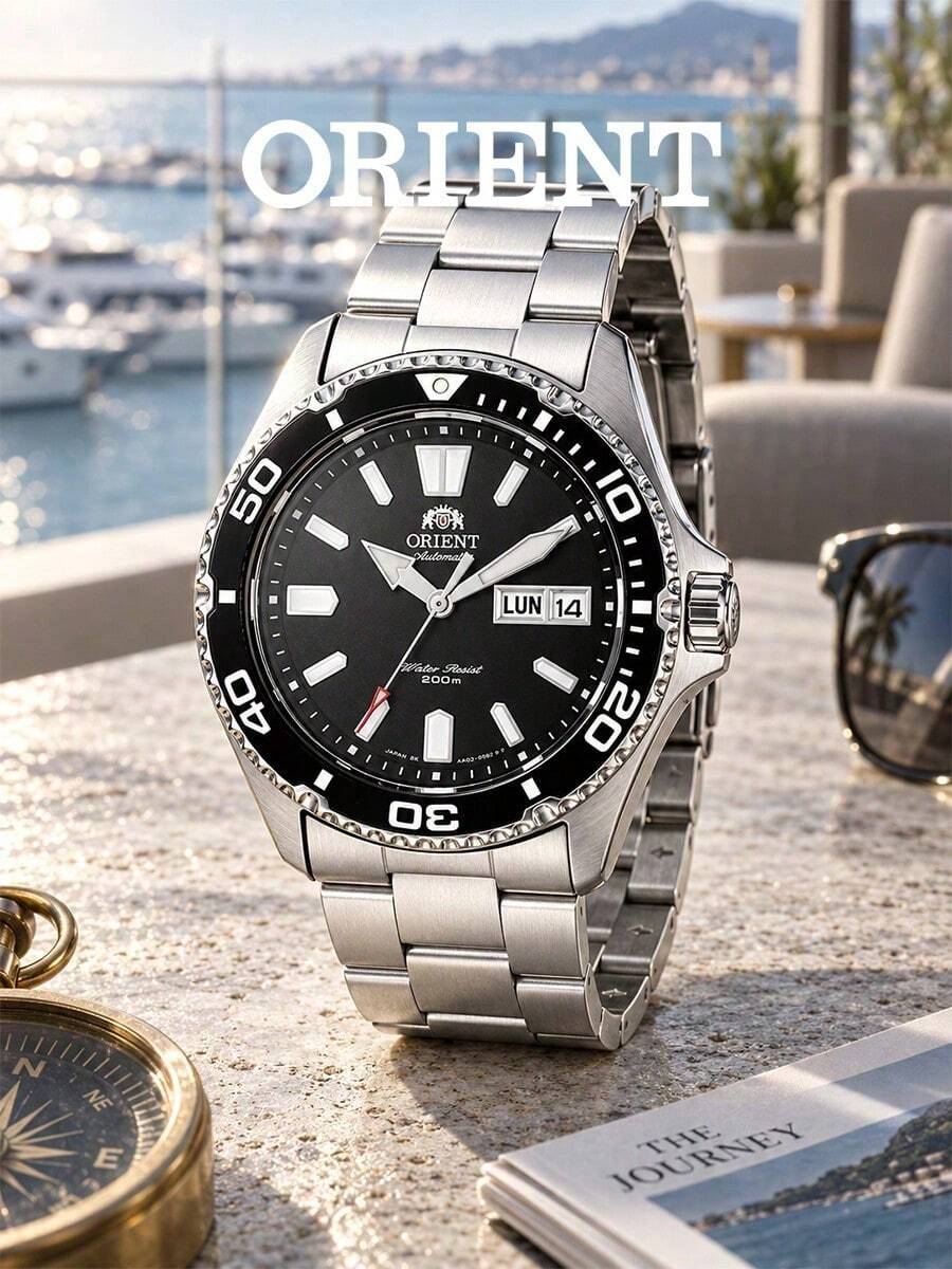 Men's ORIENT Automatic Diver Watch, Brushed Stainless Steel Bracelet, Black Dial, Rotating Bezel, 200m Water Resistant, Date & Day Display, Sports Watch - Black - View 1