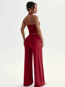Women Ruched Halter Crop Top & High Waist Wide Leg Pants Matching Set, Fall Winter Chic Layering Outfit, Activewear 2Pcs Set For Workout Going Out - Burgundy - View 2