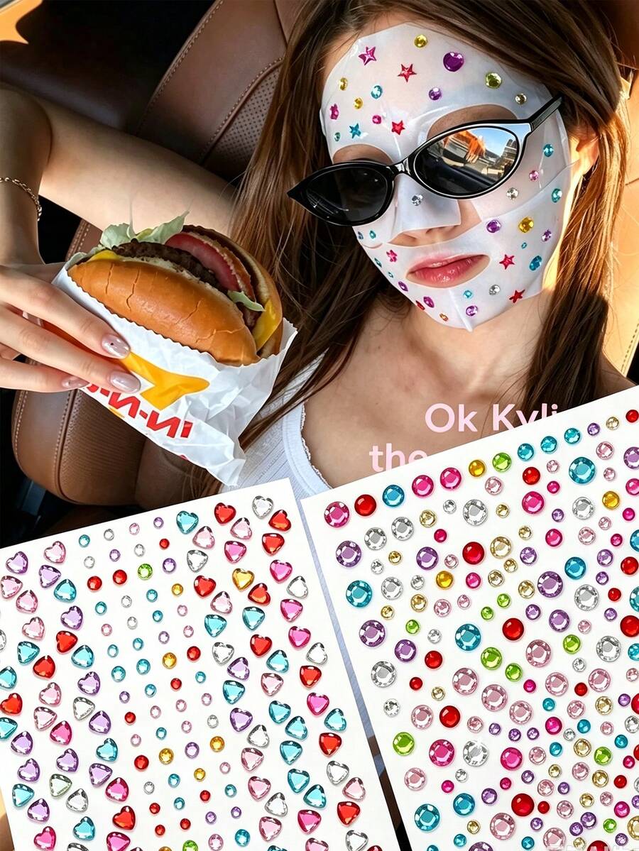 2/1pcs 3D Rainbow Faux Crystal Stickers, 2pcs Y2K Shiny Heart Acrylic Self-Adhesive Gem Stickers, Multi-Color Face Rhinestone Stickers, Suitable For Makeup And Clothing, Perfect For Festivals, Parties And Events