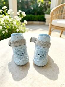 Winter Pet Dog Snow Boots, Cute Bear Embroidery, Anti-Slip, Wear-Resistant, Elastic Hook-And-Loop, Outdoor Warm Dog Shoes - Baby Blue - View 3