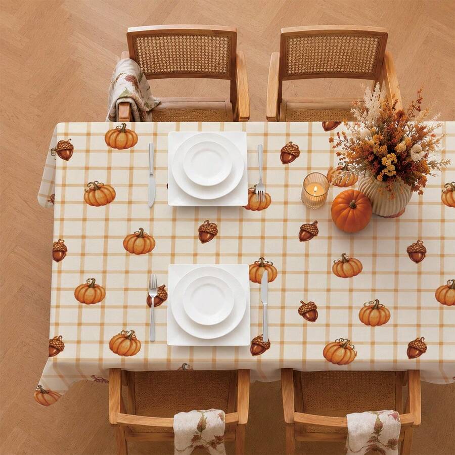 1pc Autumn Plaid Pumpkin Acorn Tablecloth, Rustic Country Style Stain-Resistant Decorative Dining Table Cloth, Suitable For Christmas Table Decor, Picnic Tablecloth, Holiday Celebrations, Wedding Party Gatherings, Birthday Banquets, Daily Dining Table, Kitchen And Restaurant Decoration, All Seasons, Home Decor - Multicolor - View 1