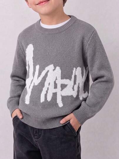 Boys' & Teens' Letter Jacquard Pullover Sweater, Autumn/Winter Fashion Thick Warm Casual Knit Top