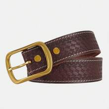 1pc Men's Full Grain Leather Belt With Soft-Edged Rectangular Frame Buckle And Intricate Braided-Texture Embossed Strap Surface - SC048 - View 17
