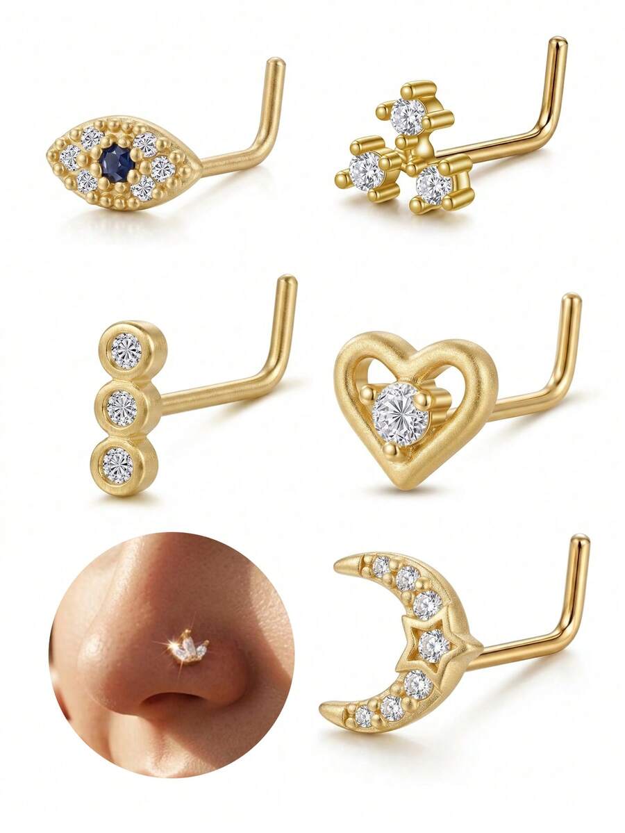 5PCS/Set Golden CZ L Nose Stud 20G Evil Eye Moon Heart 3-Stone Designs ...