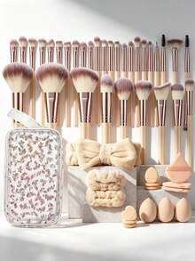 48/32Pcs Total Makeup Tool Kit, 32 Pcs Skin Tone Makeup Brushes, 1 Pc Storage Bag, 15 Pcs Makeup Puff Set. Soft Fluffy Bristles Pick Powder Gently, Puff Accessories Create Natural Seamless Base Makeup, White Butterfly Bag Organizes All Beauty Tools. - Multicolor - View 1