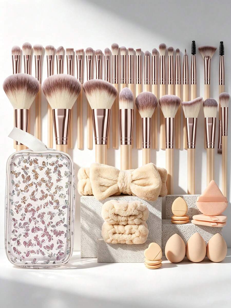 48/32Pcs Total Makeup Tool Kit, 32 Pcs Skin Tone Makeup Brushes, 1 Pc Storage Bag, 15 Pcs Makeup Puff Set. Soft Fluffy Bristles Pick Powder Gently, Puff Accessories Create Natural Seamless Base Makeup, White Butterfly Bag Organizes All Beauty Tools. - Multicolor - View 1