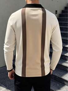 Men's Vintage Vertical Striped Colorblock Long Sleeve Polo Shirt Long Sleeve T-Shirt - Multicolor - View 5