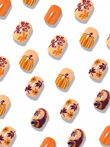 24pcs Cute Square Press On Fake Nails Brown And Orange Short Nail Leaves And Pumpkin Nails Autumn Nails - Multicolor - View 2