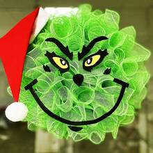 Funko Christmas Green Mesh Wreath With Red Santa Hat, Character Face Front Door Wreath, Handmade Deco Mesh Garland Ornament For Porch Wall Holiday Party Home Decor - Single Piece - View 1