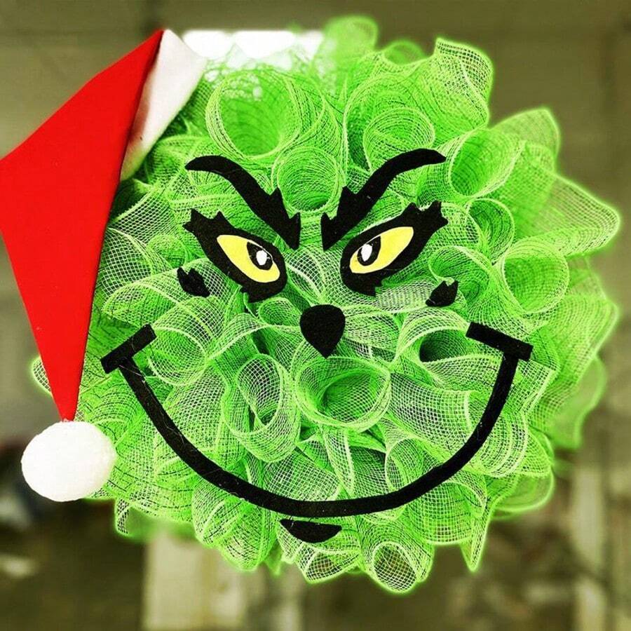 Funko Christmas Green Mesh Wreath With Red Santa Hat, Character Face Front Door Wreath, Handmade Deco Mesh Garland Ornament For Porch Wall Holiday Party Home Decor - Single Piece - View 1