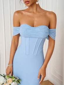 PARTHEA Women Elegant Light Blue Off‑Shoulder Mesh Mermaid Maxi Dress, Corset Style Party Long Gown - Baby Blue - View 11
