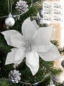 1/10/20/30pcs Shiny Double-Layer Red Poinsettia Artificial Flowers With Clips, 6.7 Inch, Suitable For Christmas Tree, Wreath, Staircase, Fireplace, Window, Coffee Table And Holiday/Wedding Party Decoration, Christmas Gift - Silver - View 1