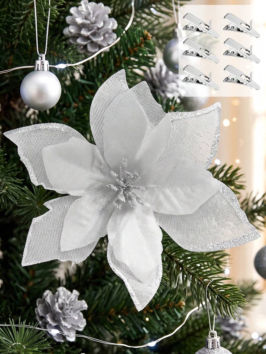 1/10/20/30pcs Shiny Double-Layer Red Poinsettia Artificial Flowers With Clips, 6.7 Inch, Suitable For Christmas Tree, Wreath, Staircase, Fireplace, Window, Coffee Table And Holiday/Wedding Party Decoration, Christmas Gift - Silver - View 1