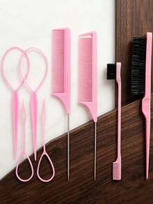 8pcs/2pcs Pink Hair Comb Set, Includes Comb, Hairline Brush, Eyebrow Brush, Rat Tail Comb, Metal Pin Comb And Braiding Tool, Suitable For Curly Hair, Braiding And DIY Styling, Unisex - Multicolor - View 6