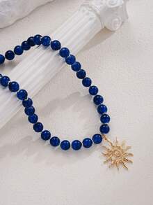 3/2/1pc Vintage Elegant Bohemian Style Women's Metal Sunflower Pendant And Blue Beaded White Pearl Necklace Set, Suitable For Women's Vacation, Date, Layering Wear, Holiday Gift Perfect Choice - Multicolor - View 4