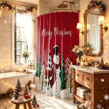 1pc Christmas Tree & Snowman Pattern Shower Curtain, Vintage Design, Waterproof, Suitable For Bathtub Partition, Bathroom Decor & Accessories, Christmas Decoration, Home Decor Gift, Includes 12 Hooks - Multicolor - View 2