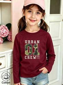 Girls' Cute Printed Long-Sleeve Casual Sports T-Shirt With Set-In Sleeves And A Round Neckline - Jujube Red - View 11