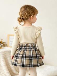 2pcs/Set Baby Girl Autumn/Winter Soft Ribbed Elegant Flutter Sleeve Top And Classic Plaid Skirt, Cute Button Decor, Suitable For Daily Wear, Versatile And Comfortable For Photos - Apricot - View 2