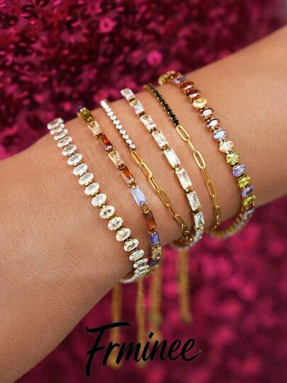 Frminee 6pcs/2pcs/1pc Women's Fashion Colorful 18K Gold Plated Cubic Zirconia Tennis Bracelet, Unique Design, Sweet And Fresh, Adjustable Length, Versatile Accessory Suitable For Daily Wear, Perfect For Halloween, Christmas, Valentine's Day