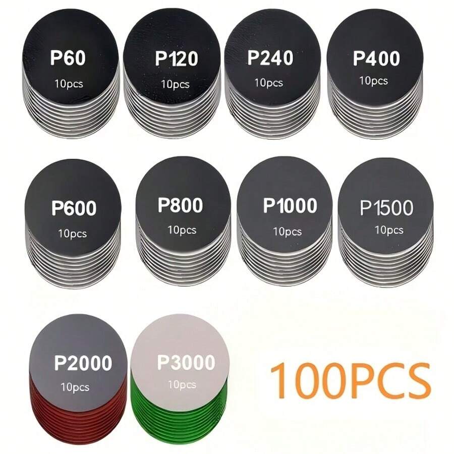 100pcs 3 Inch/75mm Wet/Dry Mixed Sandpaper Set, 60-3000 Grit 3 Inch Sanding Discs, Suitable For Multiple Surfaces (Metal, Wood, Plastic, Composite Materials), Perfect For DIY, Car Repair And Construction Projects - Black - View 1