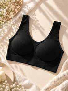 Women's Seamless Wireless Bra, No Padding, Comfortable Soft Elastic Wide Strap V-Neck Sleep Yoga Daily Crop Top - Black - View 5