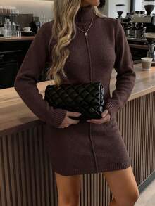 Live To Mo Women Brown Mock Neck Slim‑Fit Knit Dress,Long Sleeve Casual Bodycon Mini Dress For Fall Back To School, Date & Daily Wear - Brown - View 1