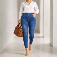 Women's High-Waist Denim Skinny Pants, With Functional Pockets And Zipper Closure, High Elasticity Slim Fit Plus Size Ankle Pants, Suitable For Autumn Casual Wear - Blue - View 2