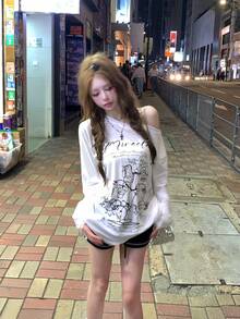 Women's White Long Sleeve Knit Drop Shoulder Top Graffiti Cover Up Long Sleeve T-Shirt Early Autumn Sun Protection Base Layer Versatile Top - White - View 5