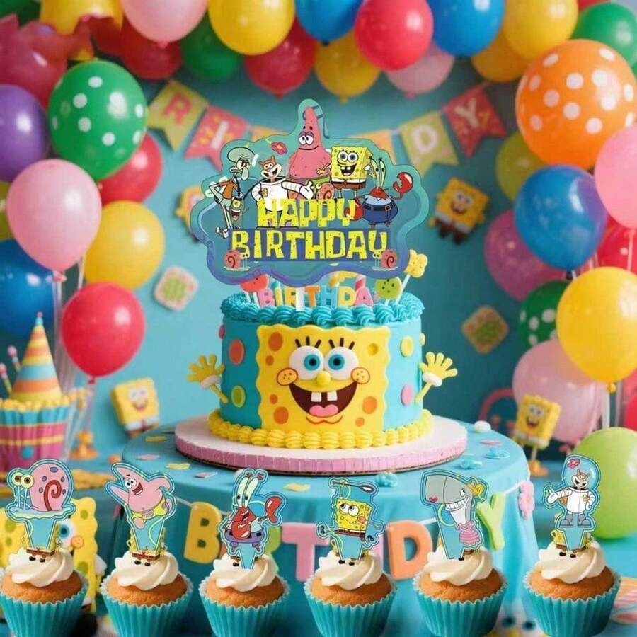 SpongeBob SquarePants 方形褲子生日蛋糕裝飾插牌套組,卡通杯子蛋糕裝飾插牌,適用於嘉年華、婚禮、生日裝飾、派對與聖誕節 - 查看 1