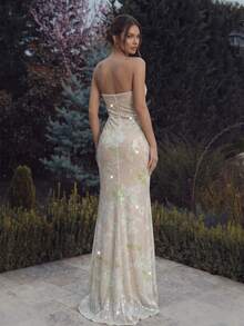 FEELAIR New Strapless Backless Fitted Dress, Heavy Embellished Printed Sequin Evening Gown, Elegant Party And Formal Banquet Dress - Apricot - View 6