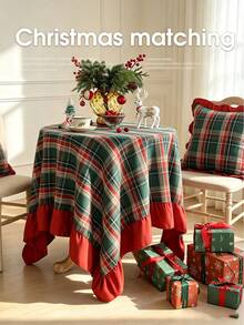 1pc Christmas Tablecloth With Ruffle Trim, Polyester Fabric, Red And Green Plaid Pattern, Rectangular/Square Tablecloth For Dining Room And Living Room Table Decor - Red and Green - View 4