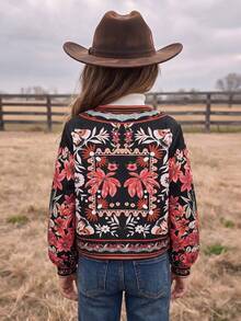 Tween Girl Floral Print Casual Daily Long Sleeve Jacket - Multicolor - View 3