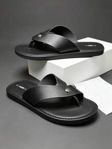 Men's Minimalist Metal Rivet Cross Strap Thong Sandals, Matte PU Upper, Non-Slip Wear-Resistant Rubber Flat Sole, Suitable For Home, Shopping, Beach, Daily Commute, Casual Slippers - Black - View 2